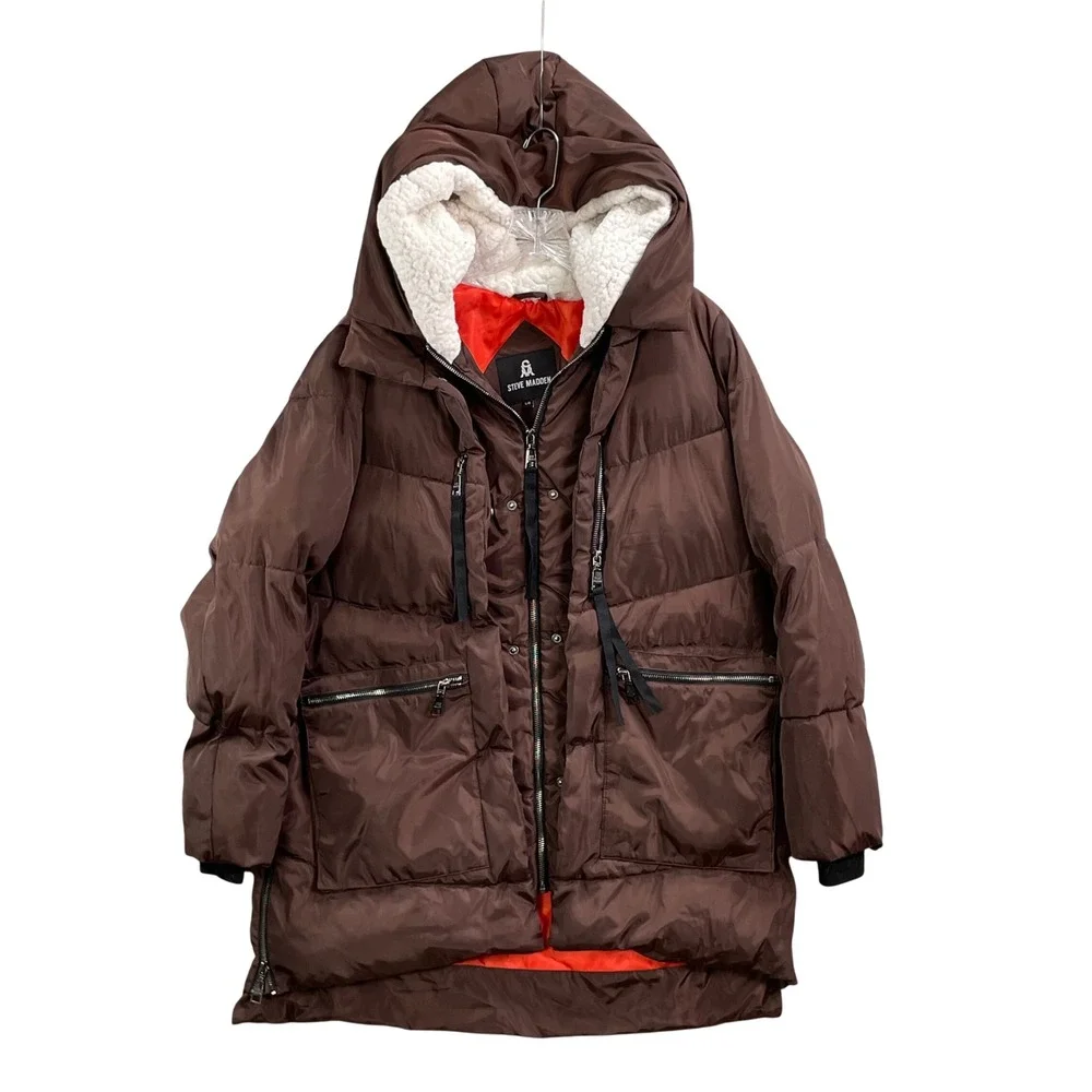 Steve Madden Puffer Jacket Womens Large Brown Hooded Faux Fur Lined Coat Travel